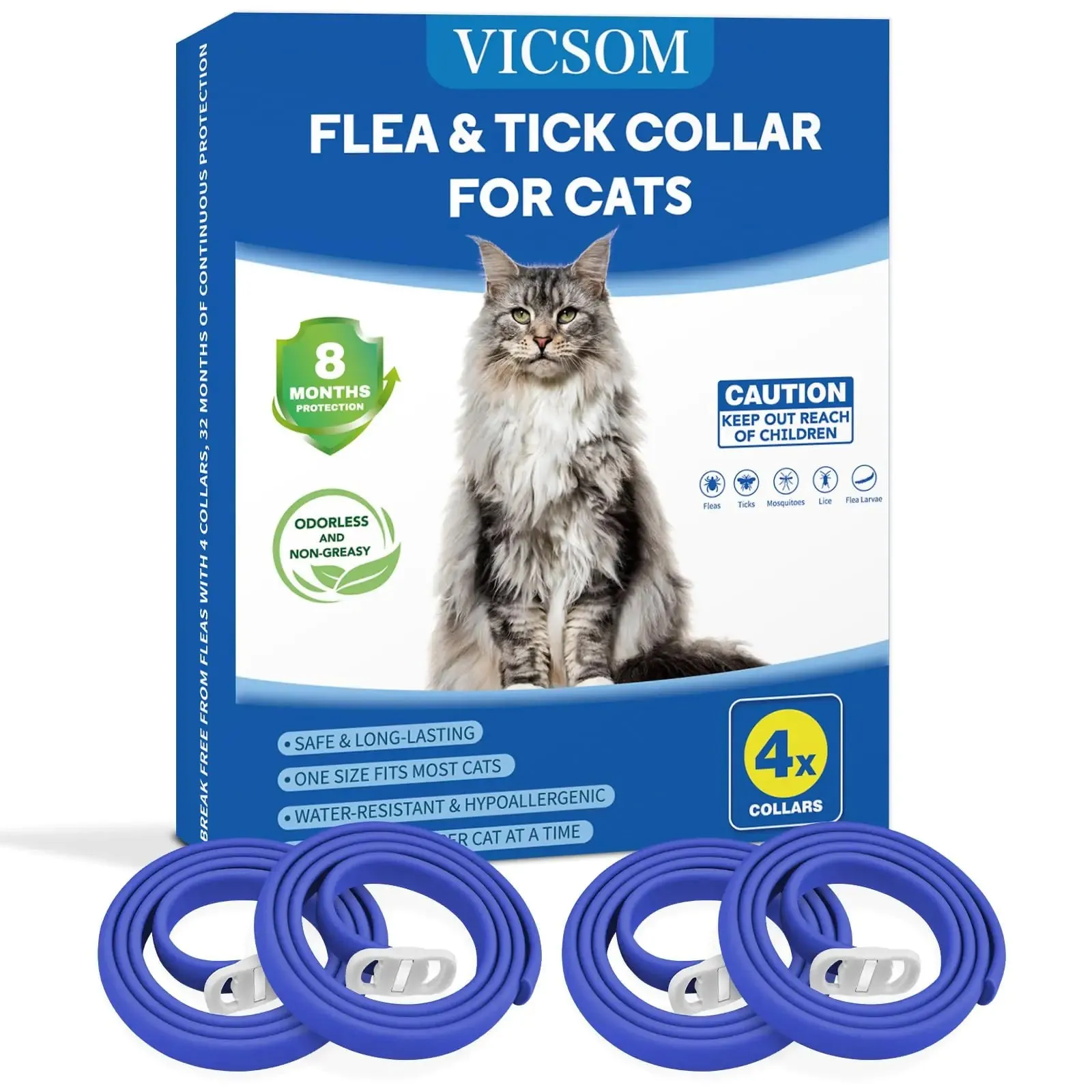 4 Pack Flea Collar for CATS Flea and Tick Collar 8 Months Prevention CAT Flea and Tick Treatment Waterproof Adjustable