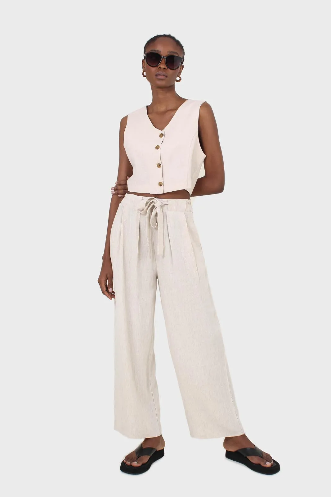 Beige button front linen vest