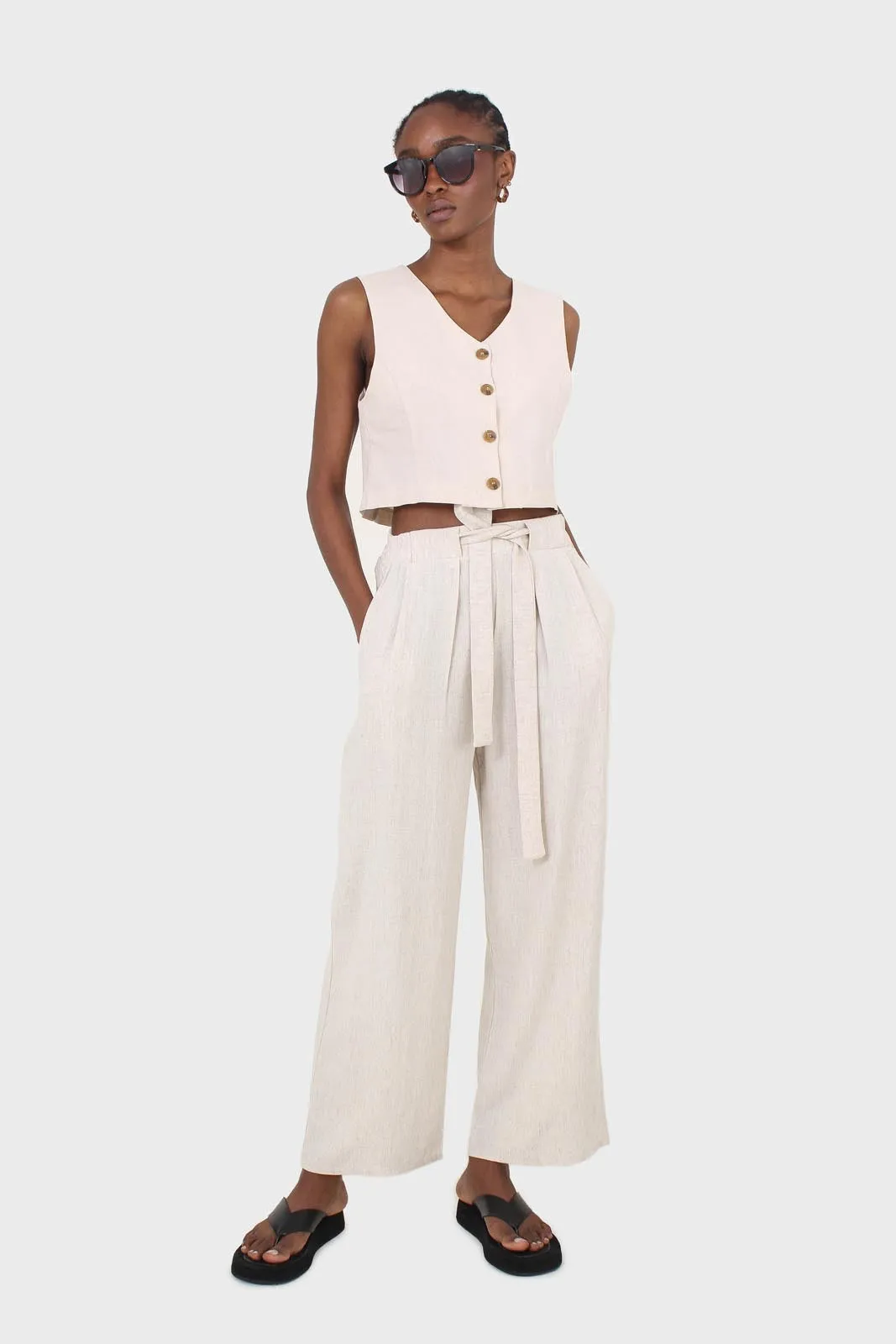 Beige button front linen vest
