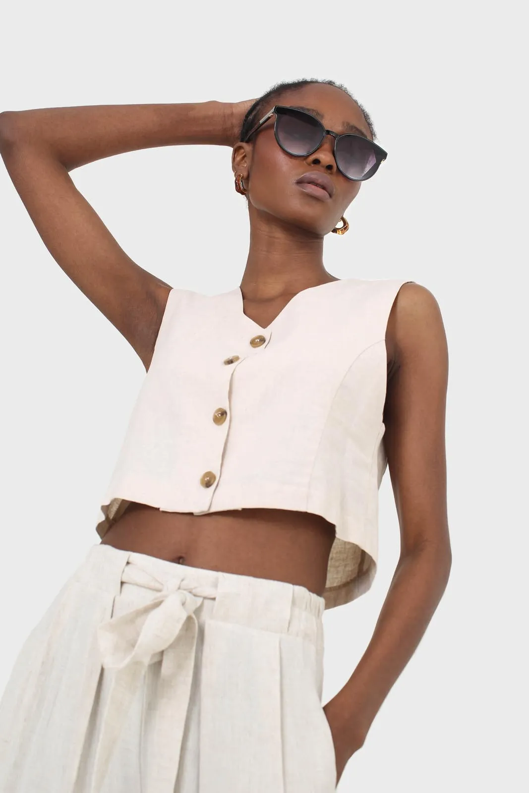 Beige button front linen vest