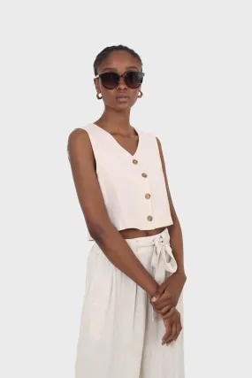 Beige button front linen vest