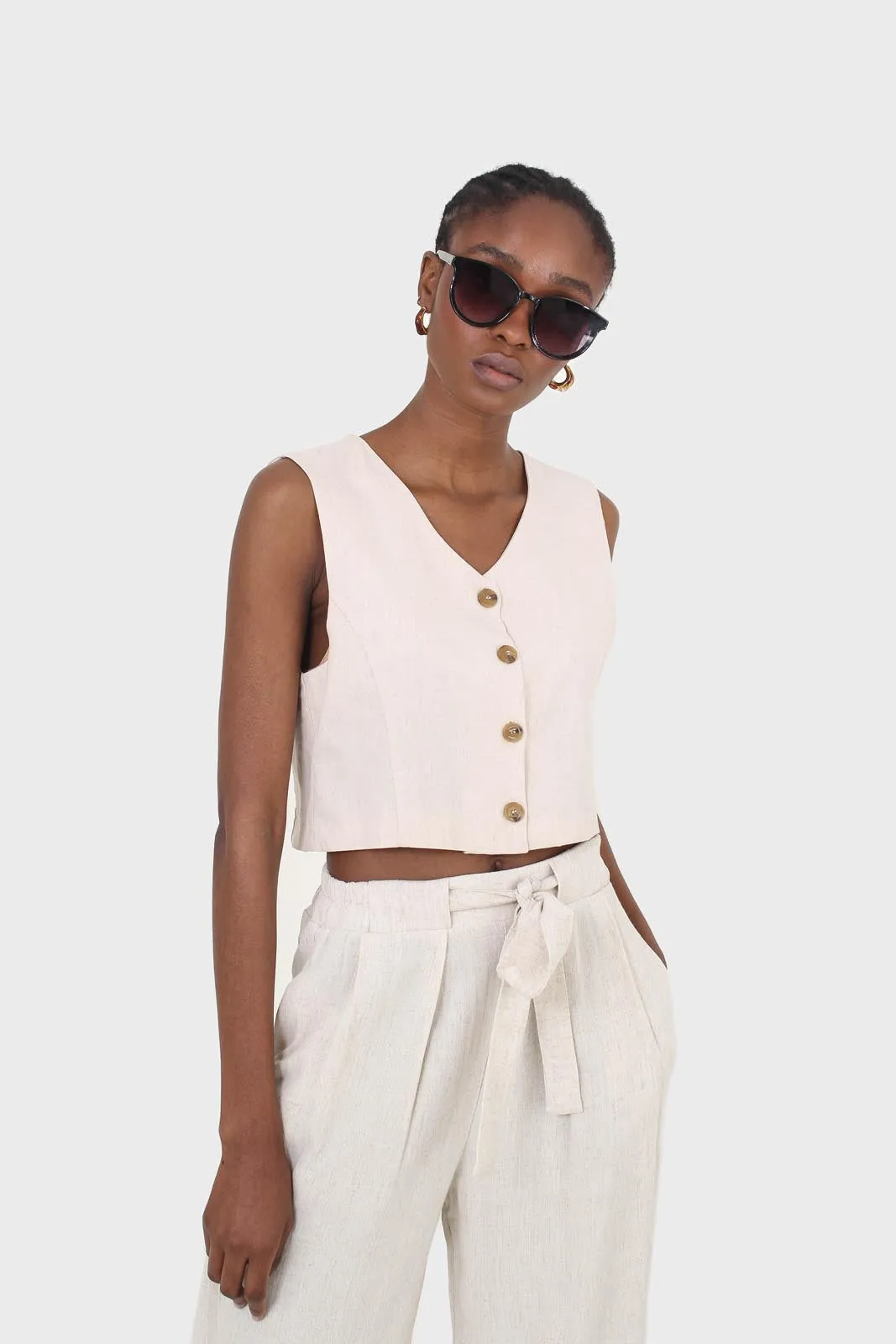 Beige button front linen vest