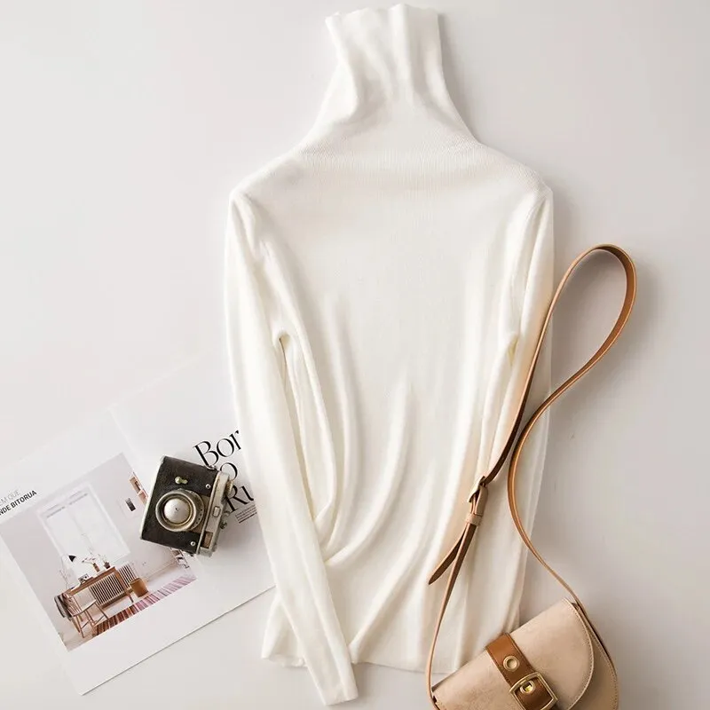 Black Pullovers For Women Turtleneck Long Sleeve Solid Minimalist Slim Knitwear Female Fashion Fall
