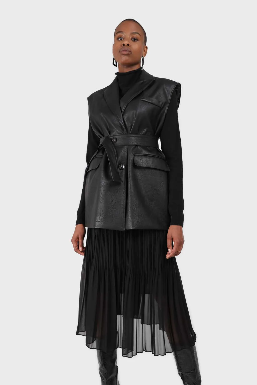 Black vegan leather belted gilet