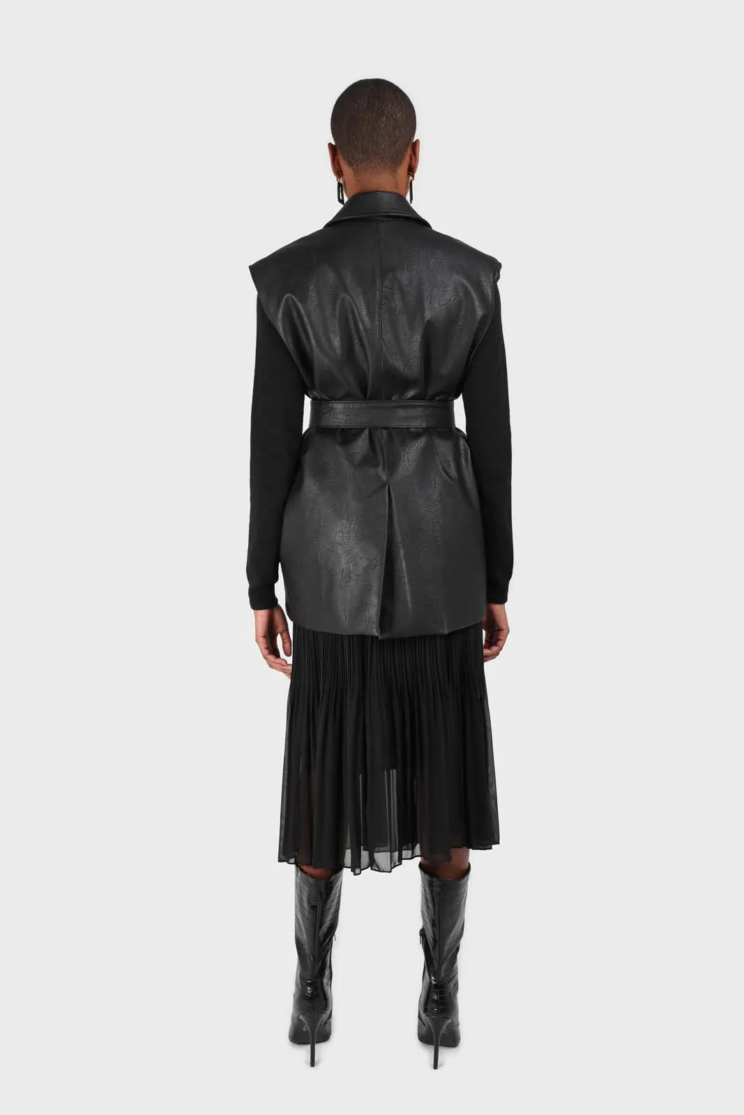 Black vegan leather belted gilet