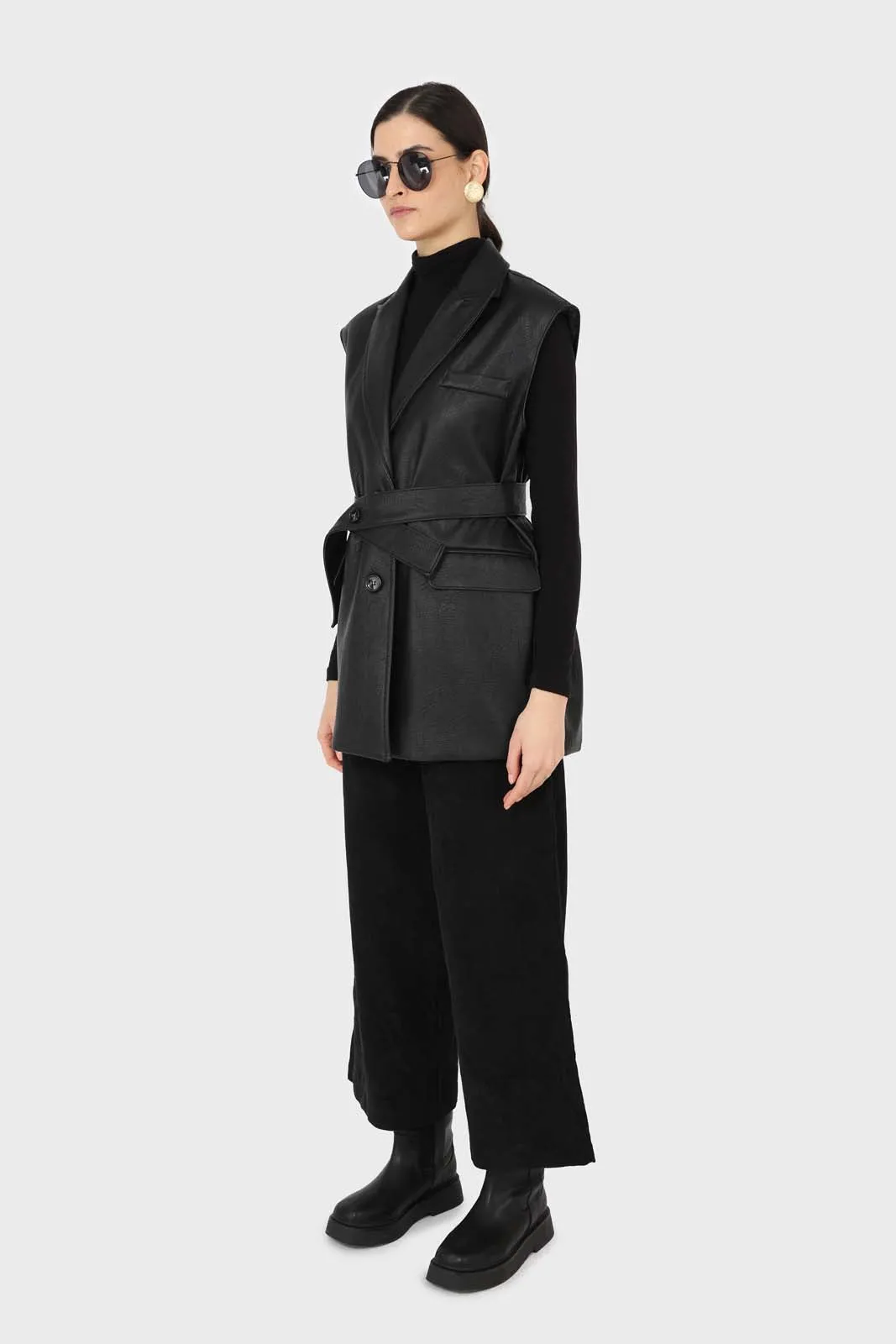Black vegan leather belted gilet