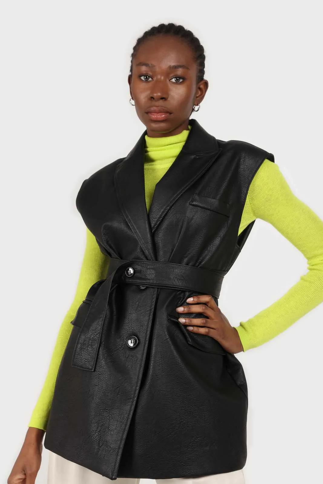 Black vegan leather belted gilet