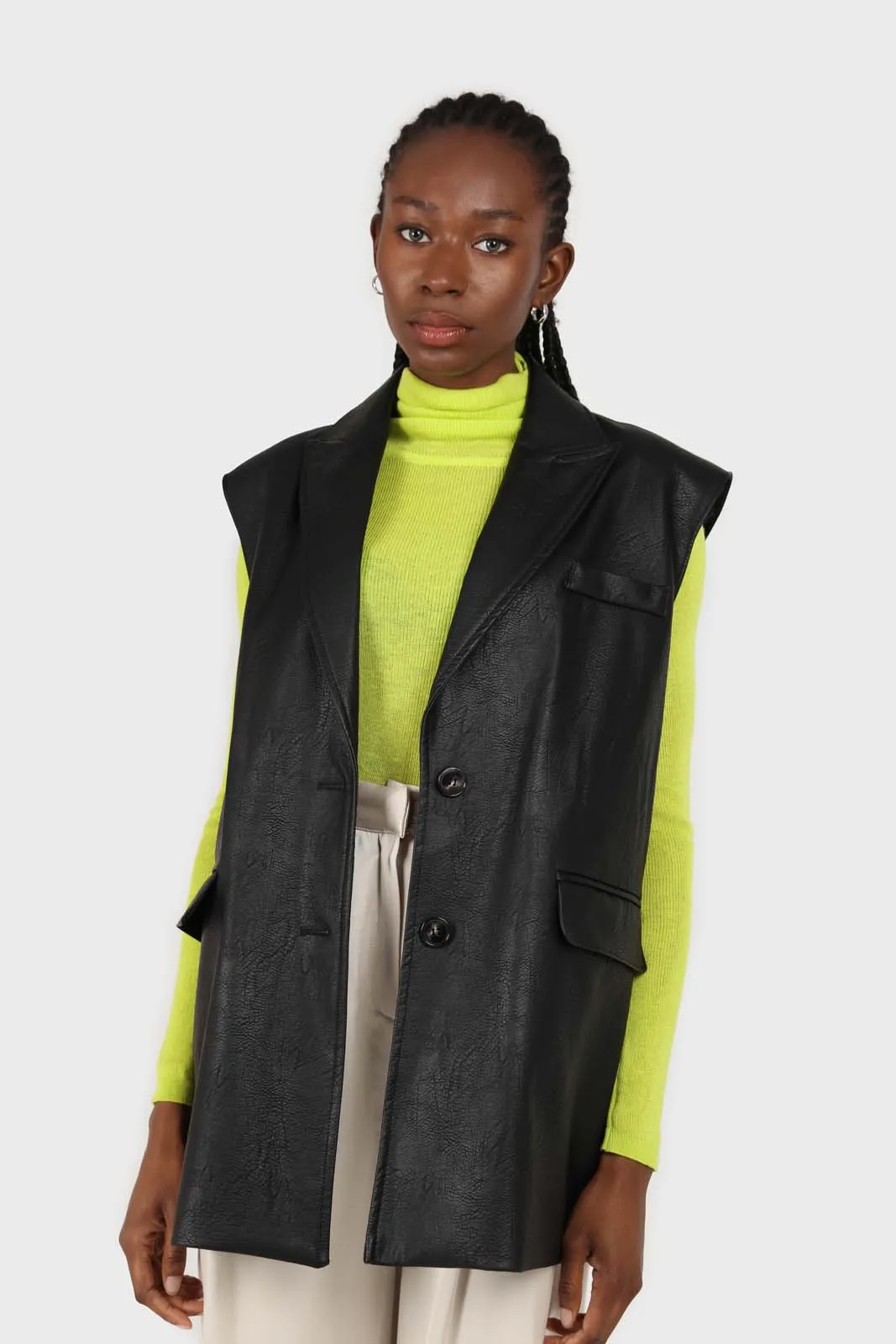 Black vegan leather belted gilet