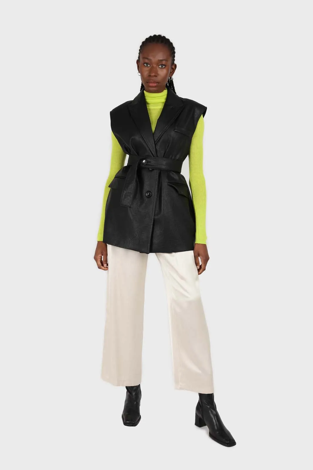 Black vegan leather belted gilet