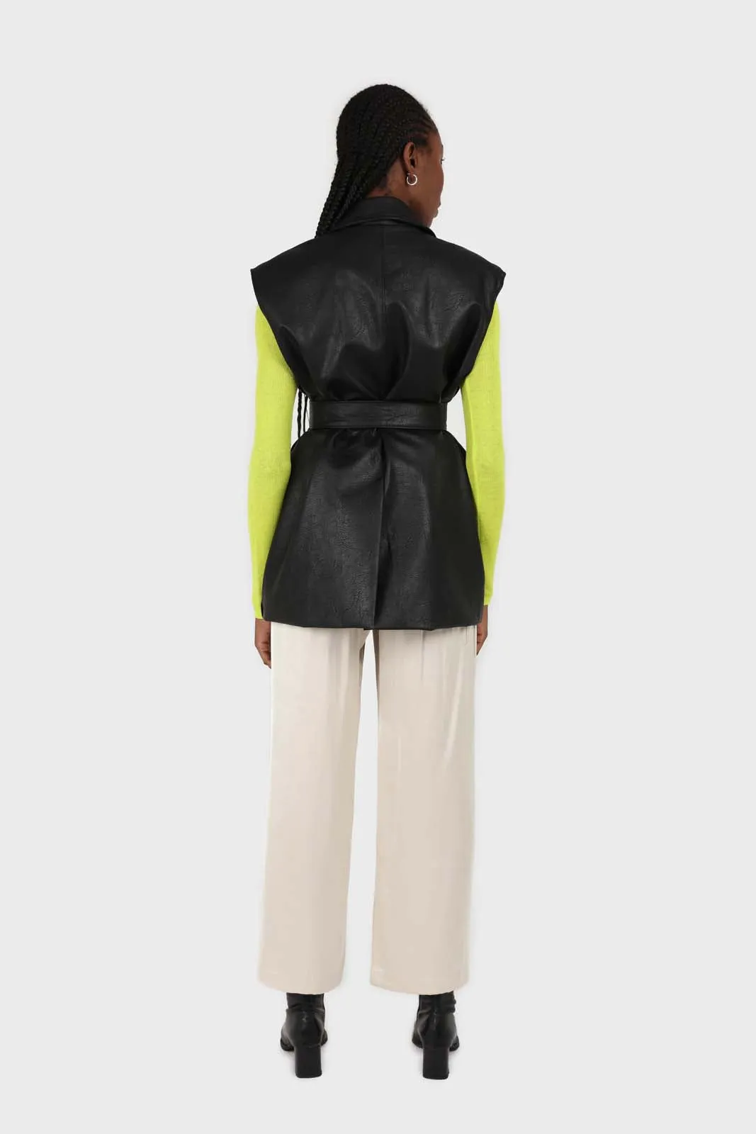 Black vegan leather belted gilet