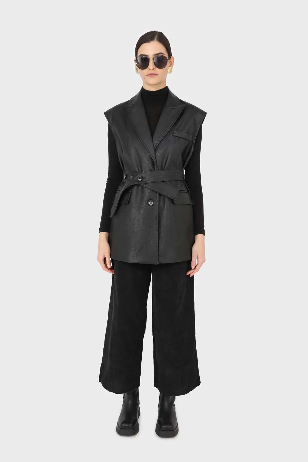 Black vegan leather belted gilet