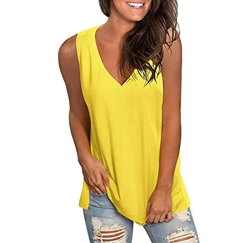 Débardeur Femme Ete Chic Solide Noir Rouge Jaysis Débardeur Femme Sexy Ete Chic Col V Ample Tunique sans Manches Tee Shirt Femme Pas Cher a la Mode Haut Femme Chic Décontracté Top Femme Vêtements