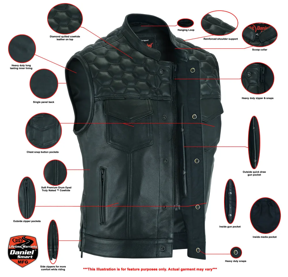 DS198 Men's Quilt Top Blacked Out Leather Vest "The Black Horse"