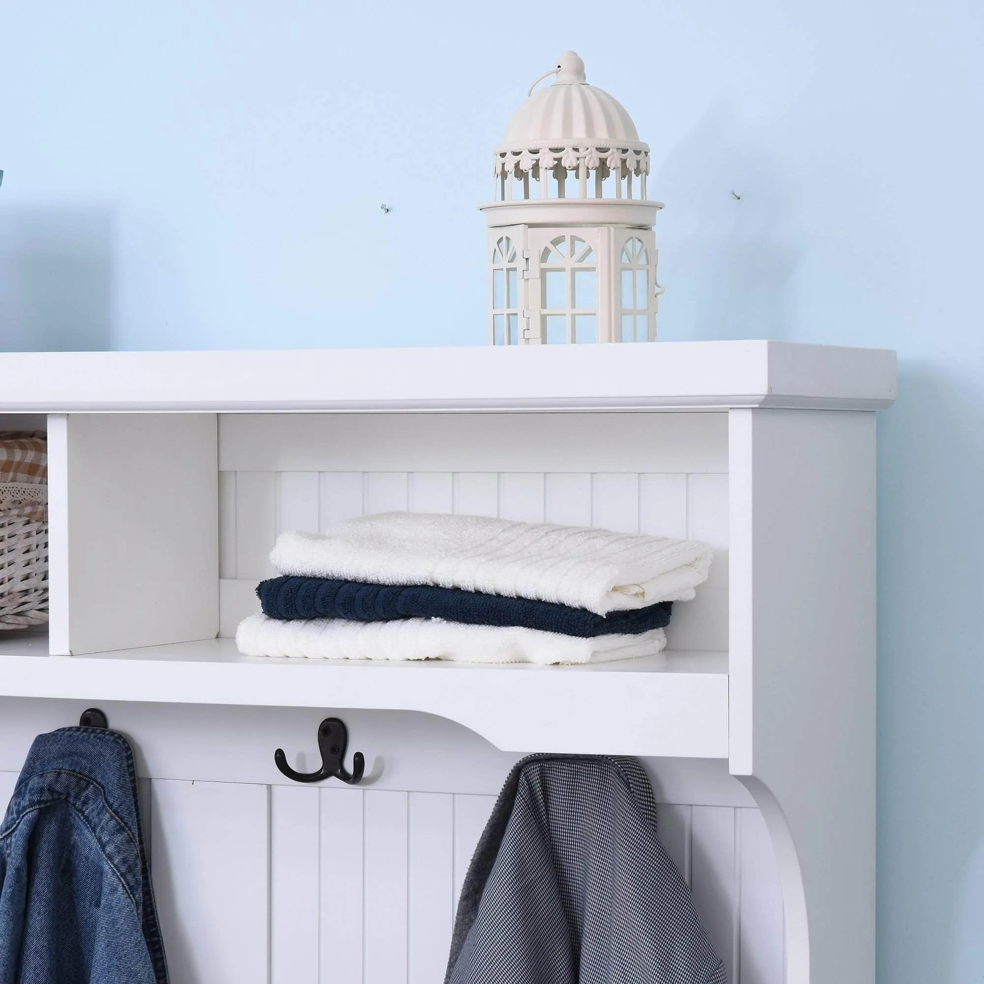Entryway Coat and Shoe Hall Tree with Storage Cupboard Bench in White