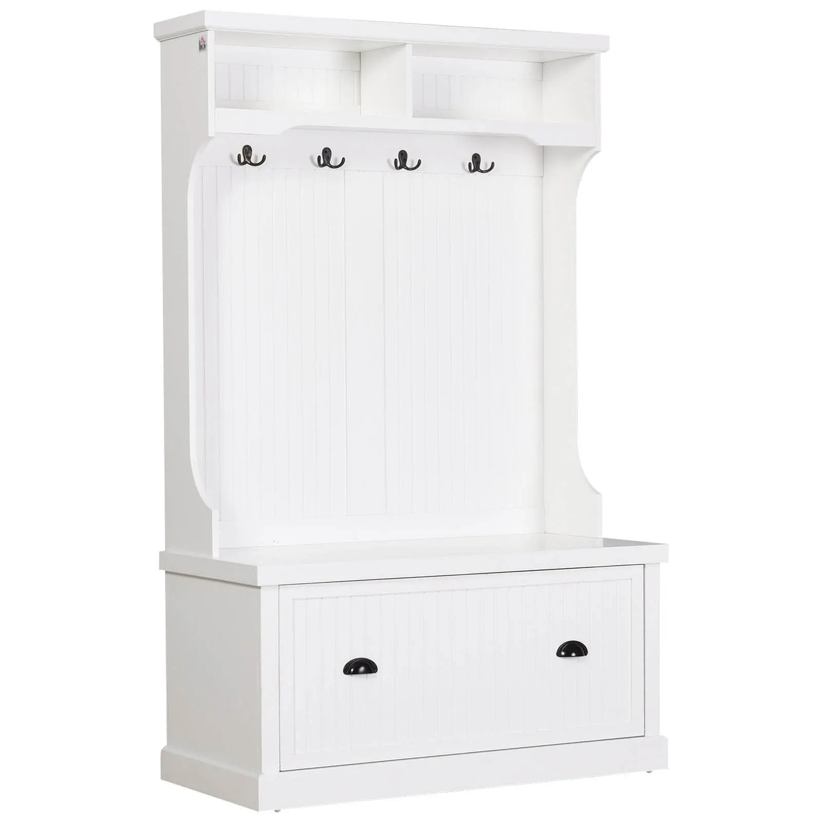 Entryway Coat and Shoe Hall Tree with Storage Cupboard Bench in White