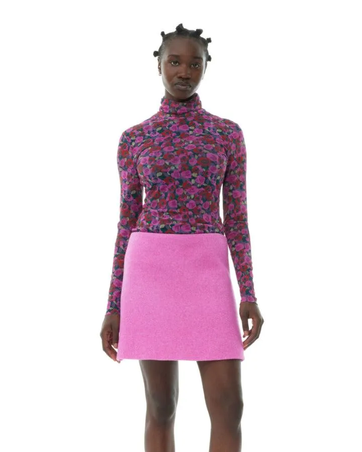 Ganni Floral Print Mesh Sleeve Turtleneck