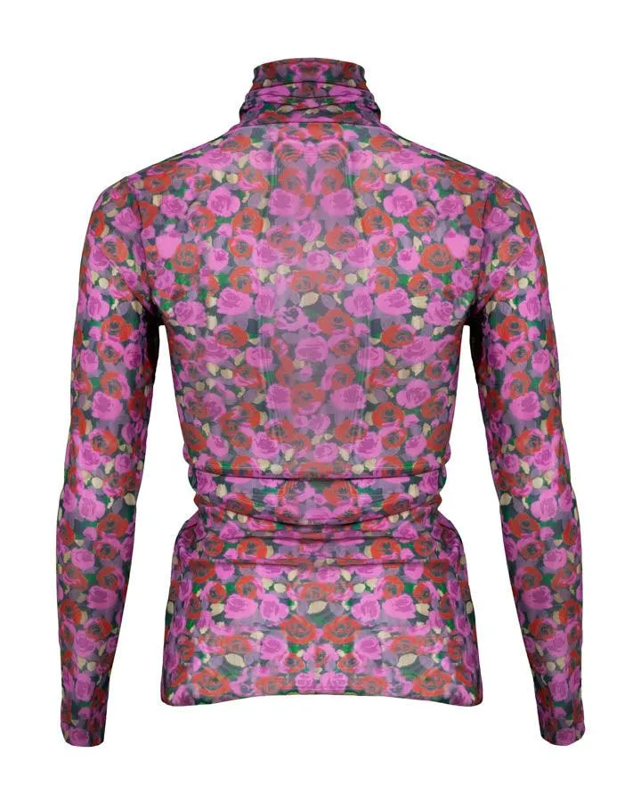 Ganni Floral Print Mesh Sleeve Turtleneck