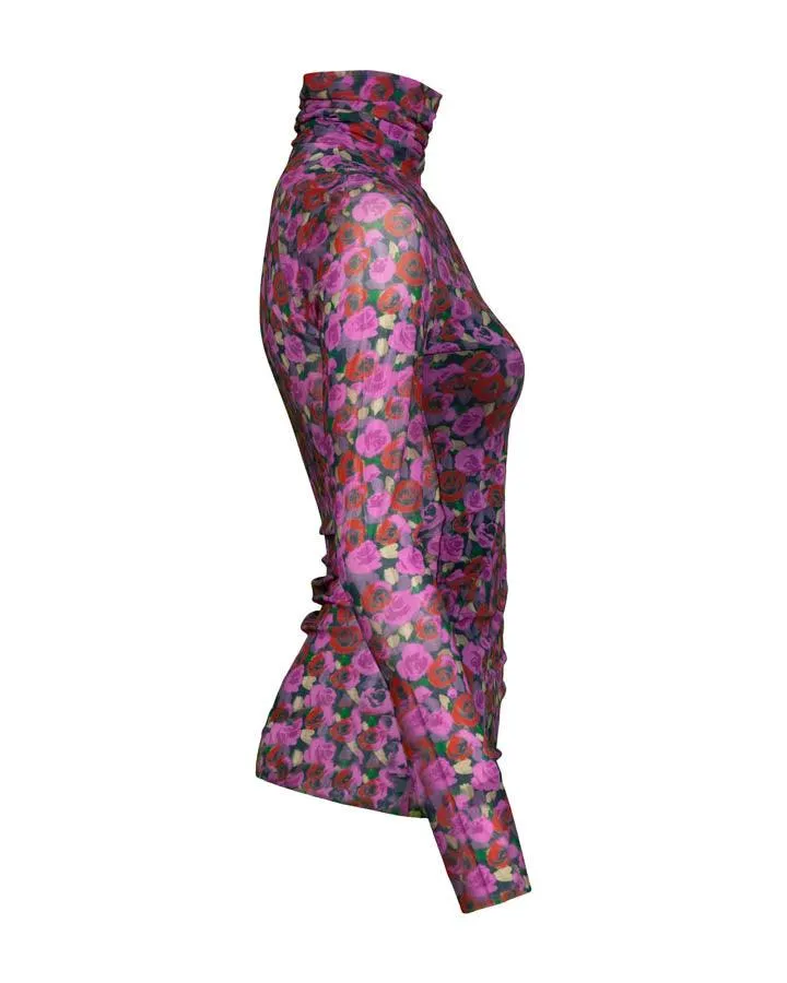 Ganni Floral Print Mesh Sleeve Turtleneck