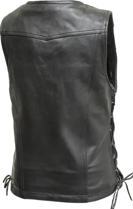 HL14576 - Women's Motorcycle Leather Vest Black Front Zipper side lace in Lamb
