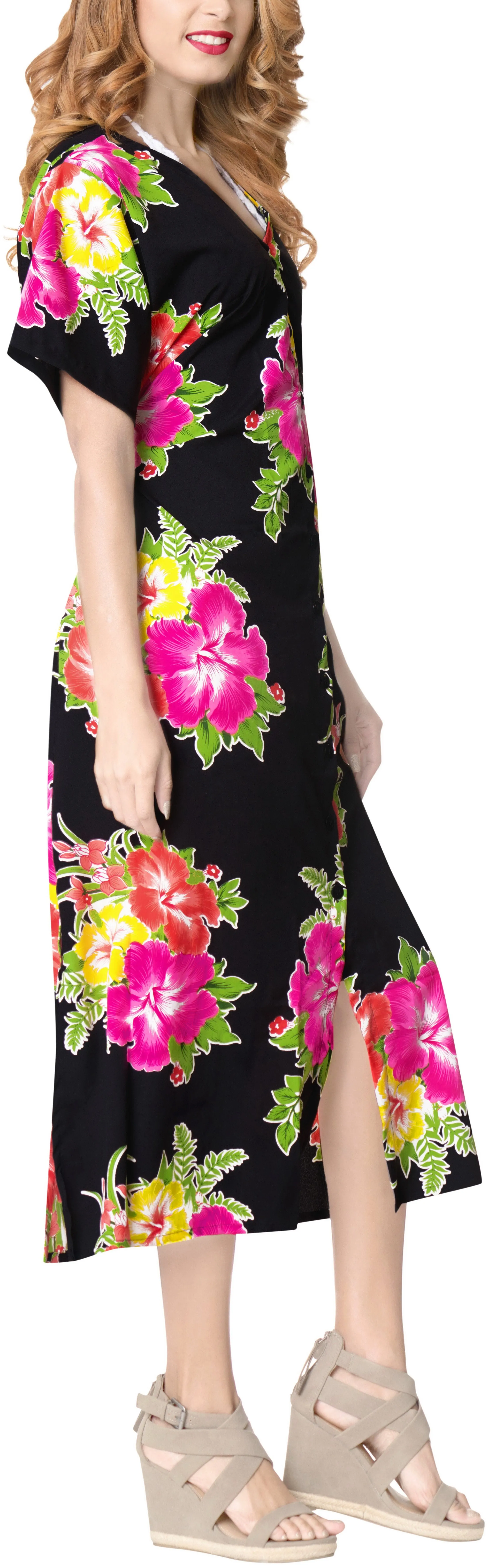 La Leela Floral Womens Beach Cover up Button Closure Evening Dress Caftan MAXI