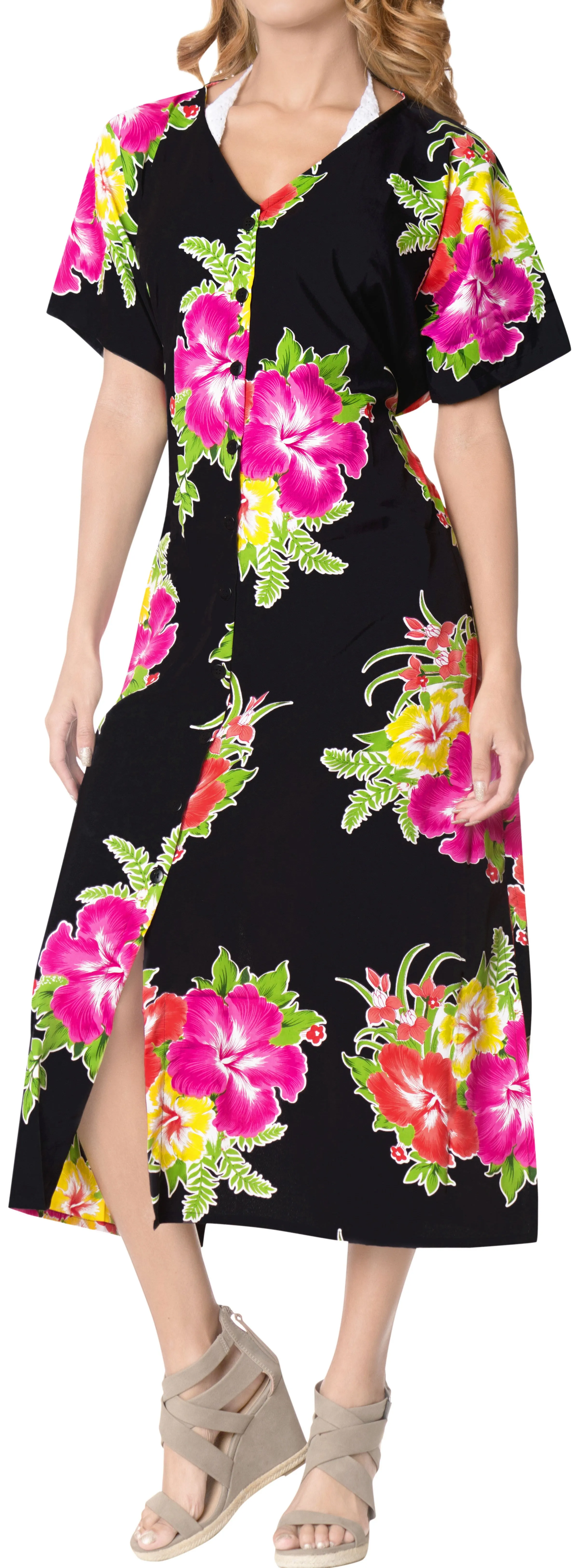 La Leela Floral Womens Beach Cover up Button Closure Evening Dress Caftan MAXI