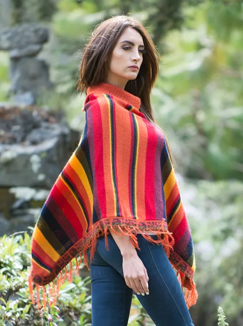 Multicolor Striped Alpaca Poncho for Women