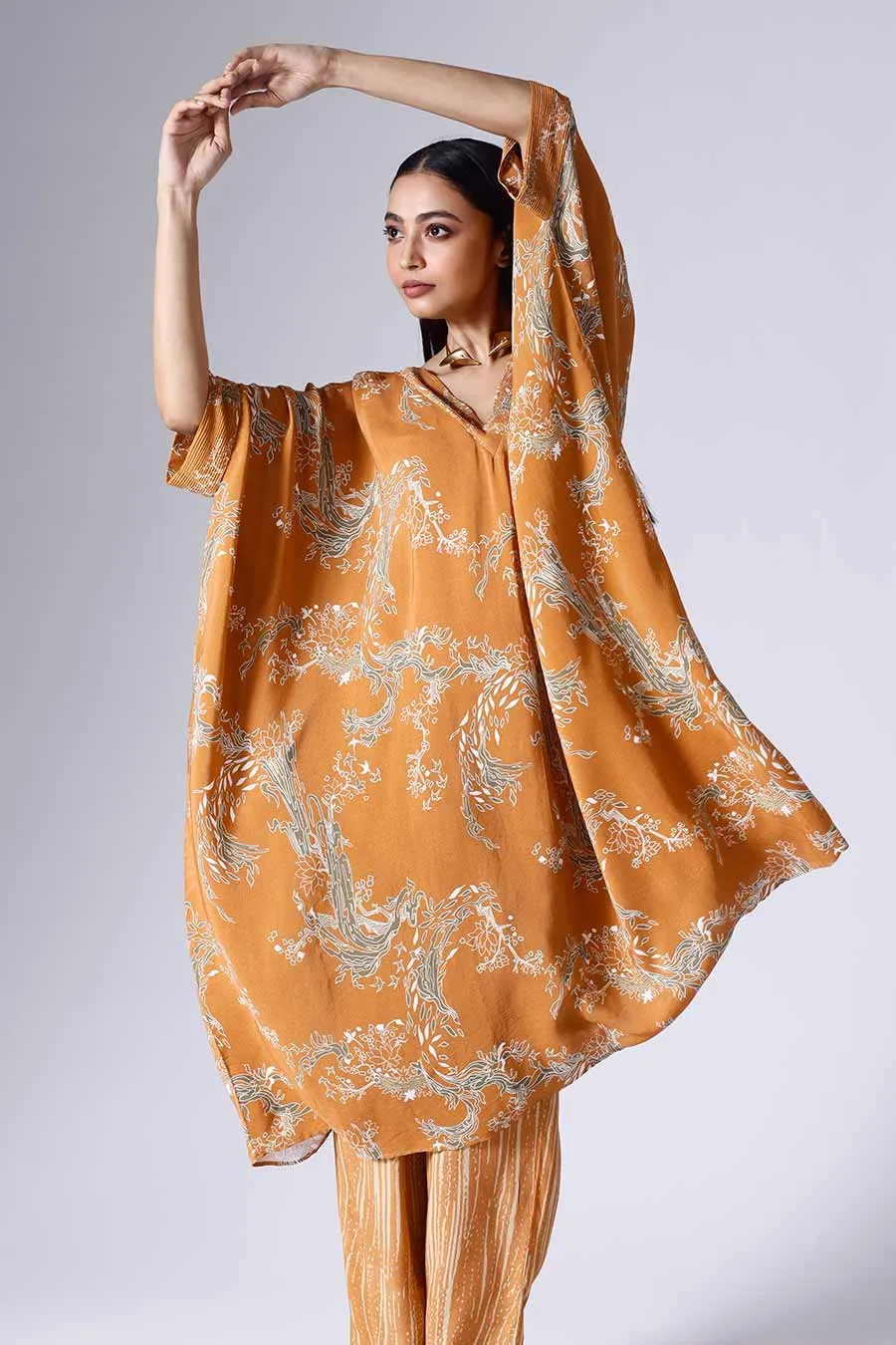 Orange Lotus Long Kaftan Set