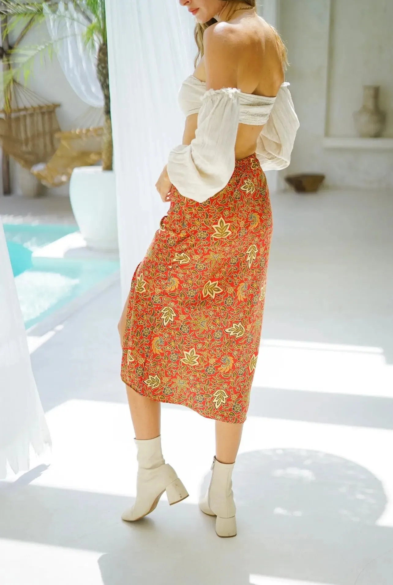 Red Side Split Midi Skirt