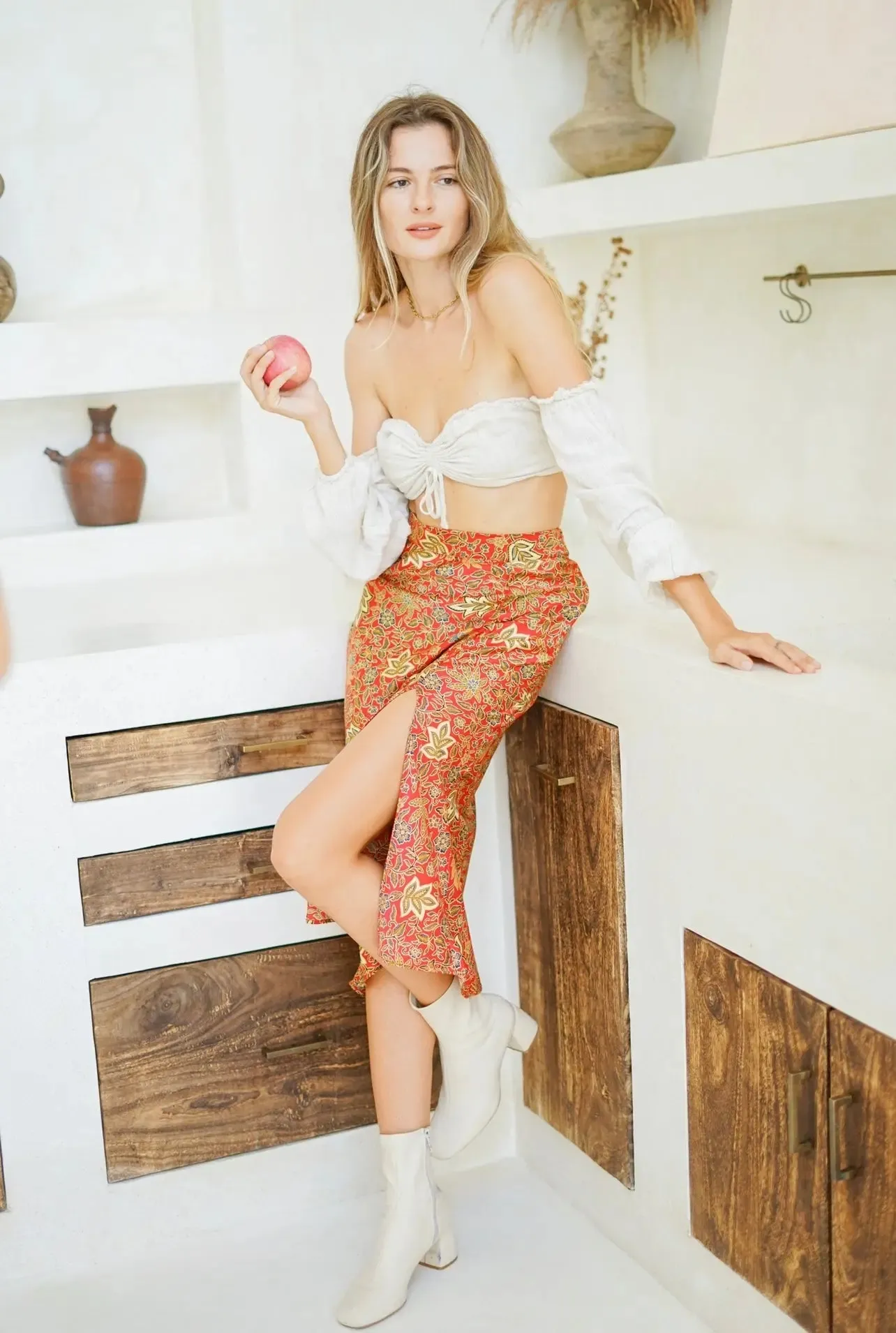 Red Side Split Midi Skirt