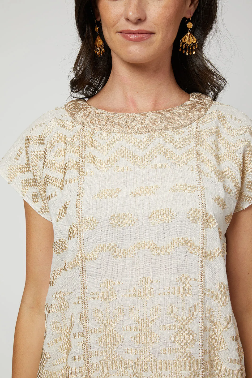 Santa Lucia Embroidered Guatemalan Tunic - Ivory, Champagne