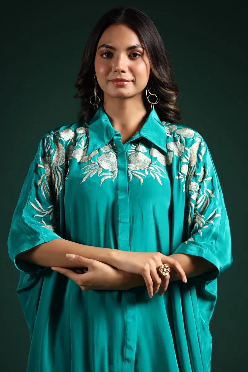 Turquoise Blue Embroidered Habutai Silk Co-Ord Set