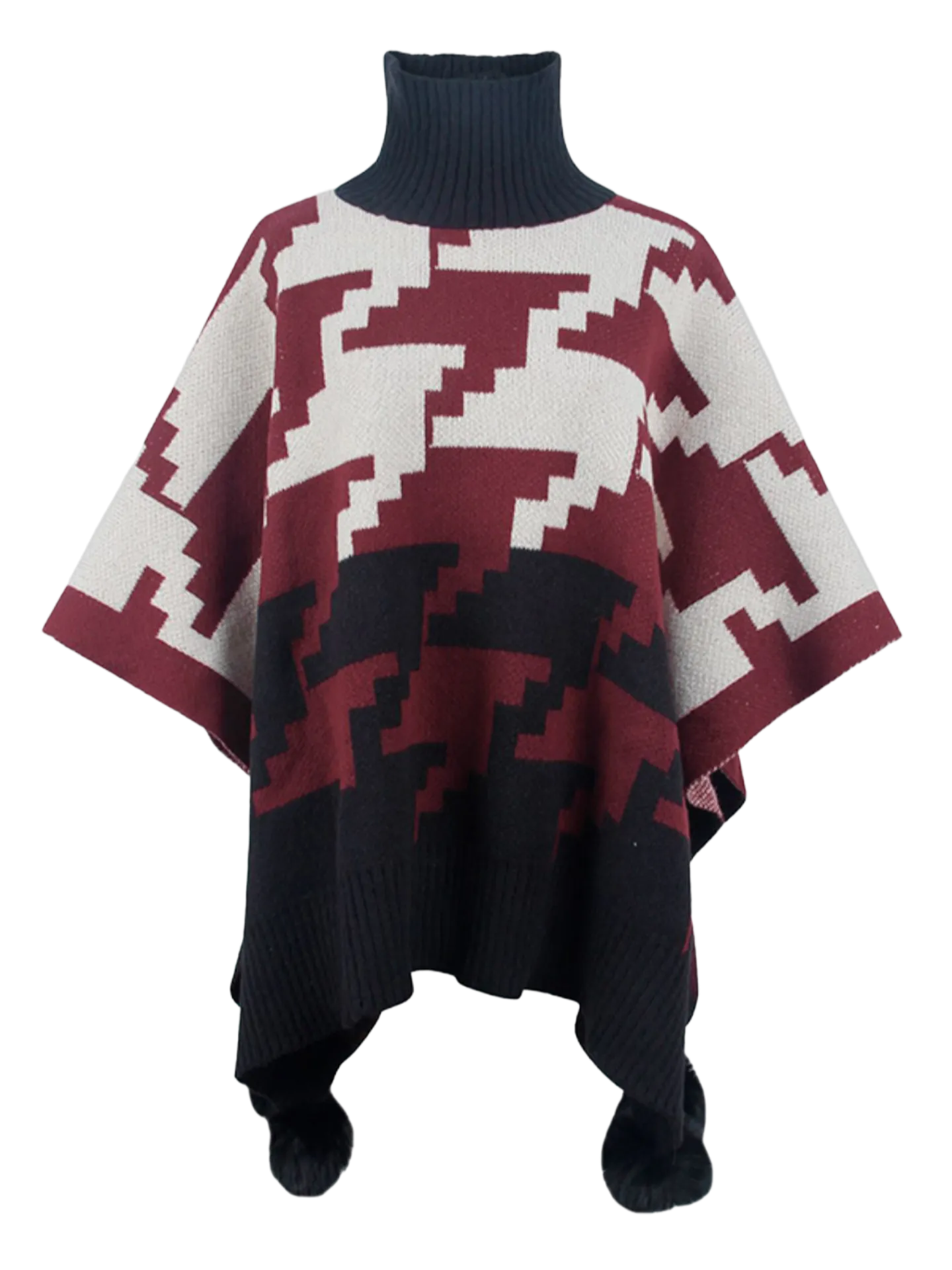 Turtleneck Pom-Pom Trim Poncho