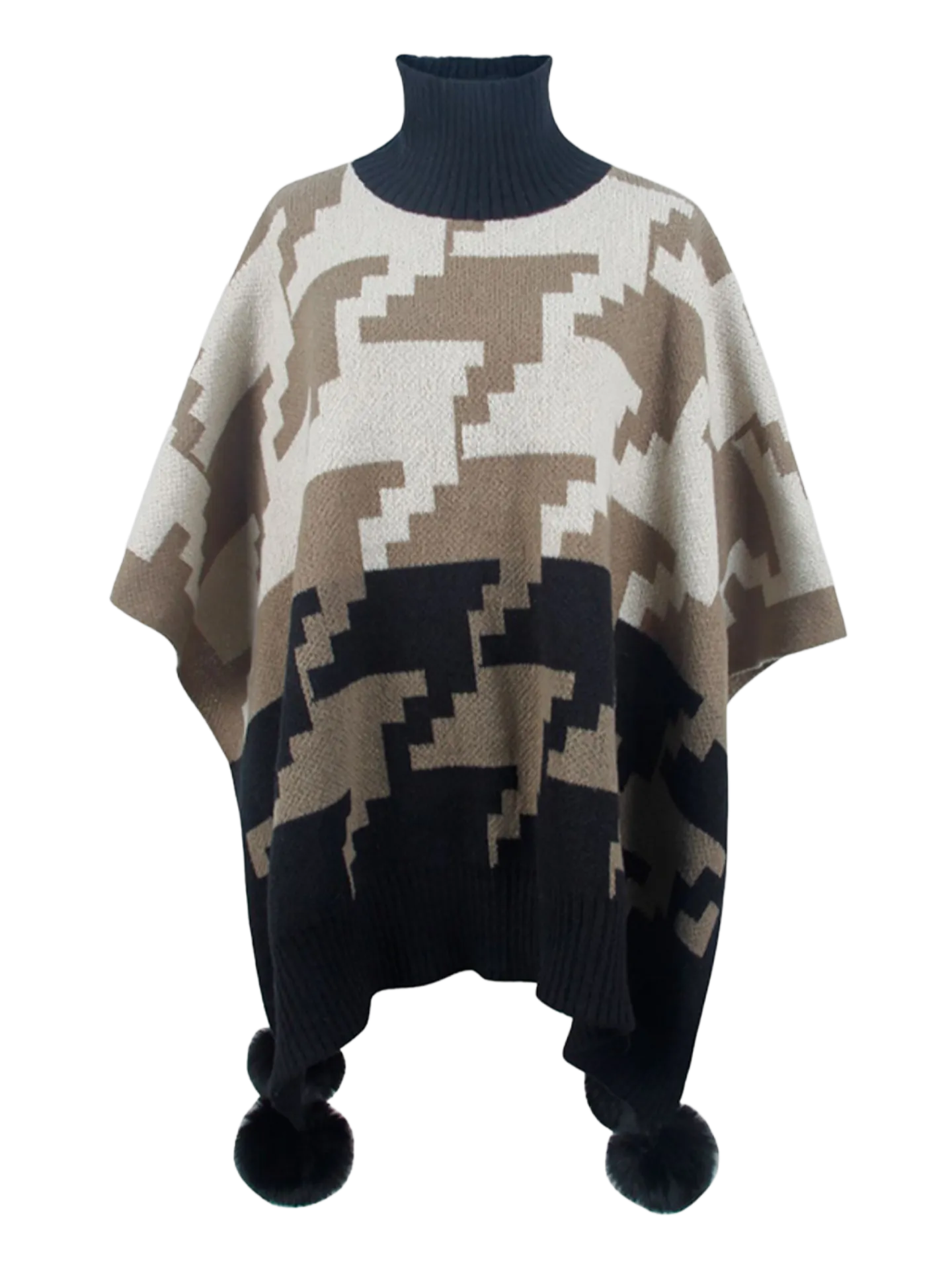 Turtleneck Pom-Pom Trim Poncho