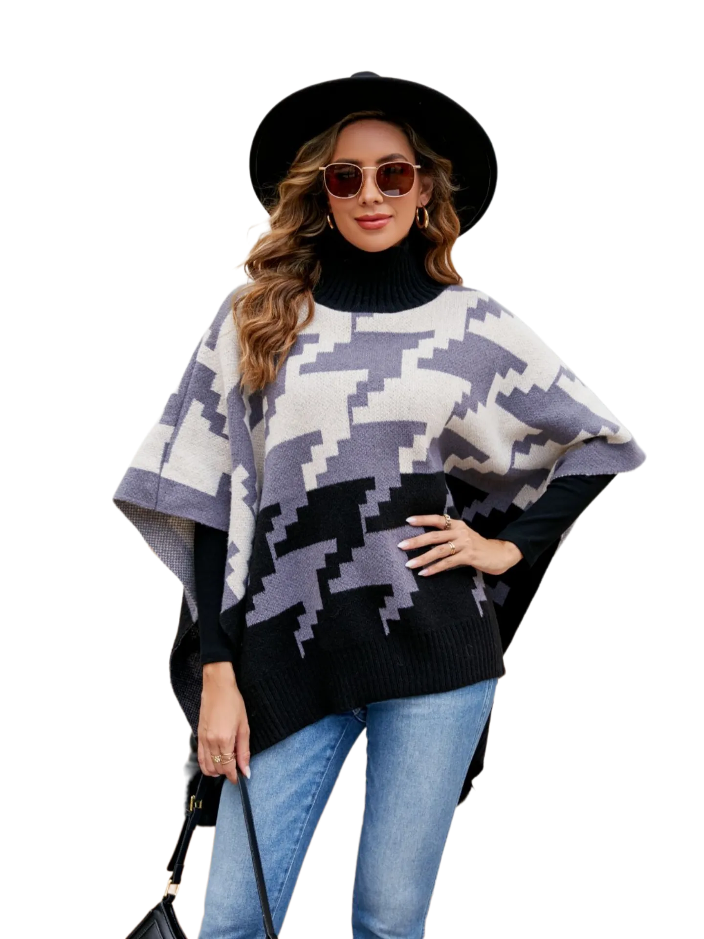 Turtleneck Pom-Pom Trim Poncho