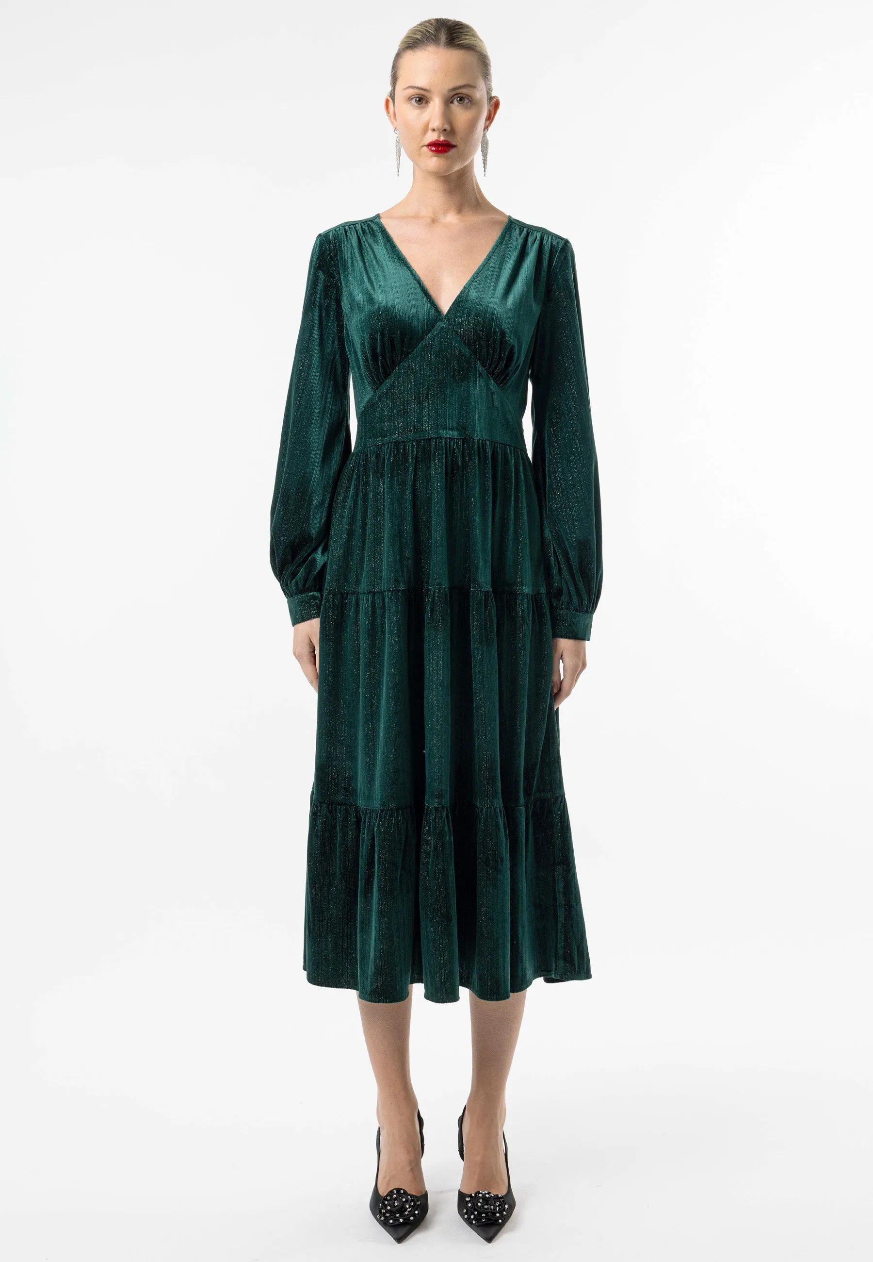 Velvet Gold Lurex Thread Midi Dress in Emerald Green