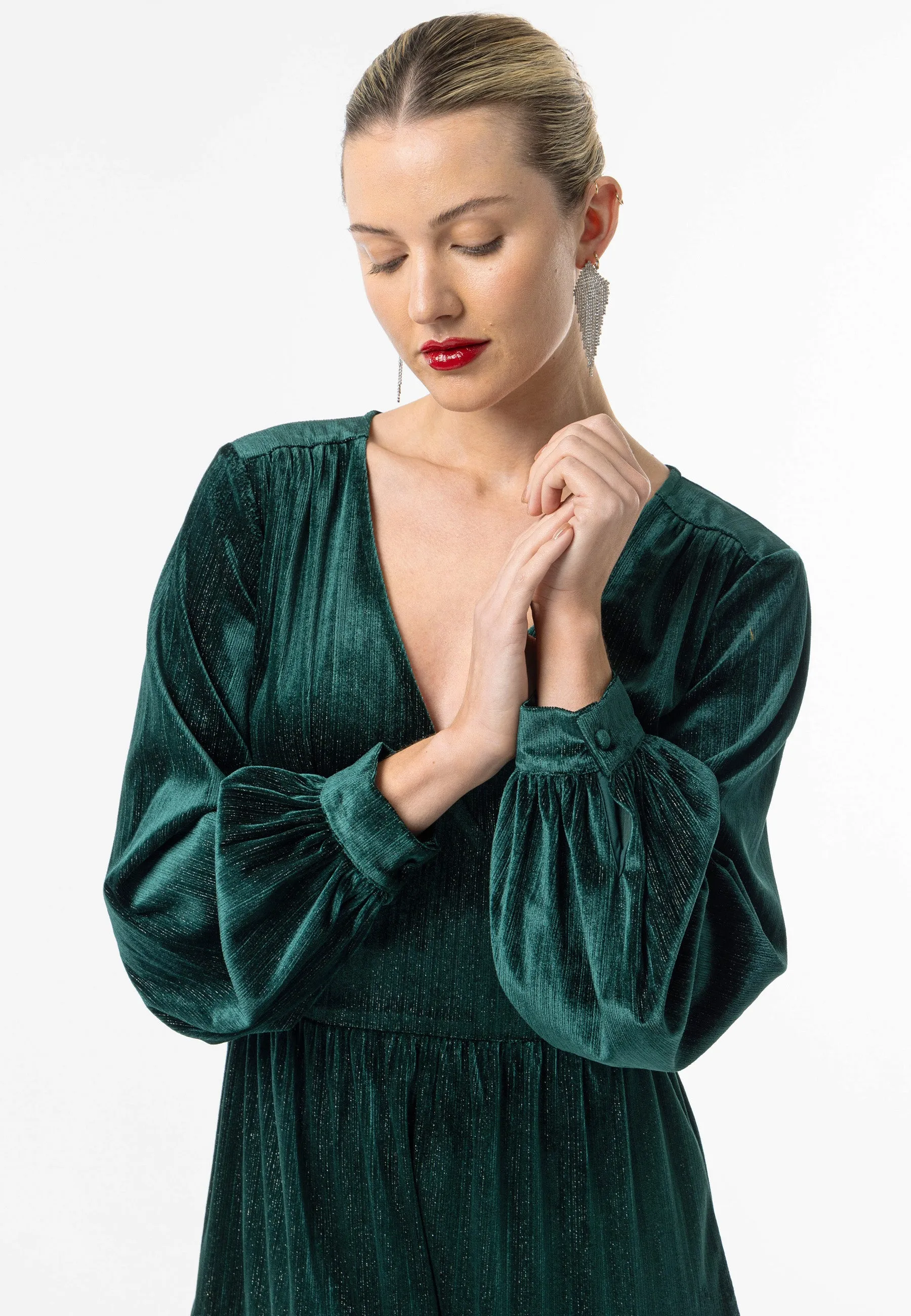 Velvet Gold Lurex Thread Midi Dress in Emerald Green