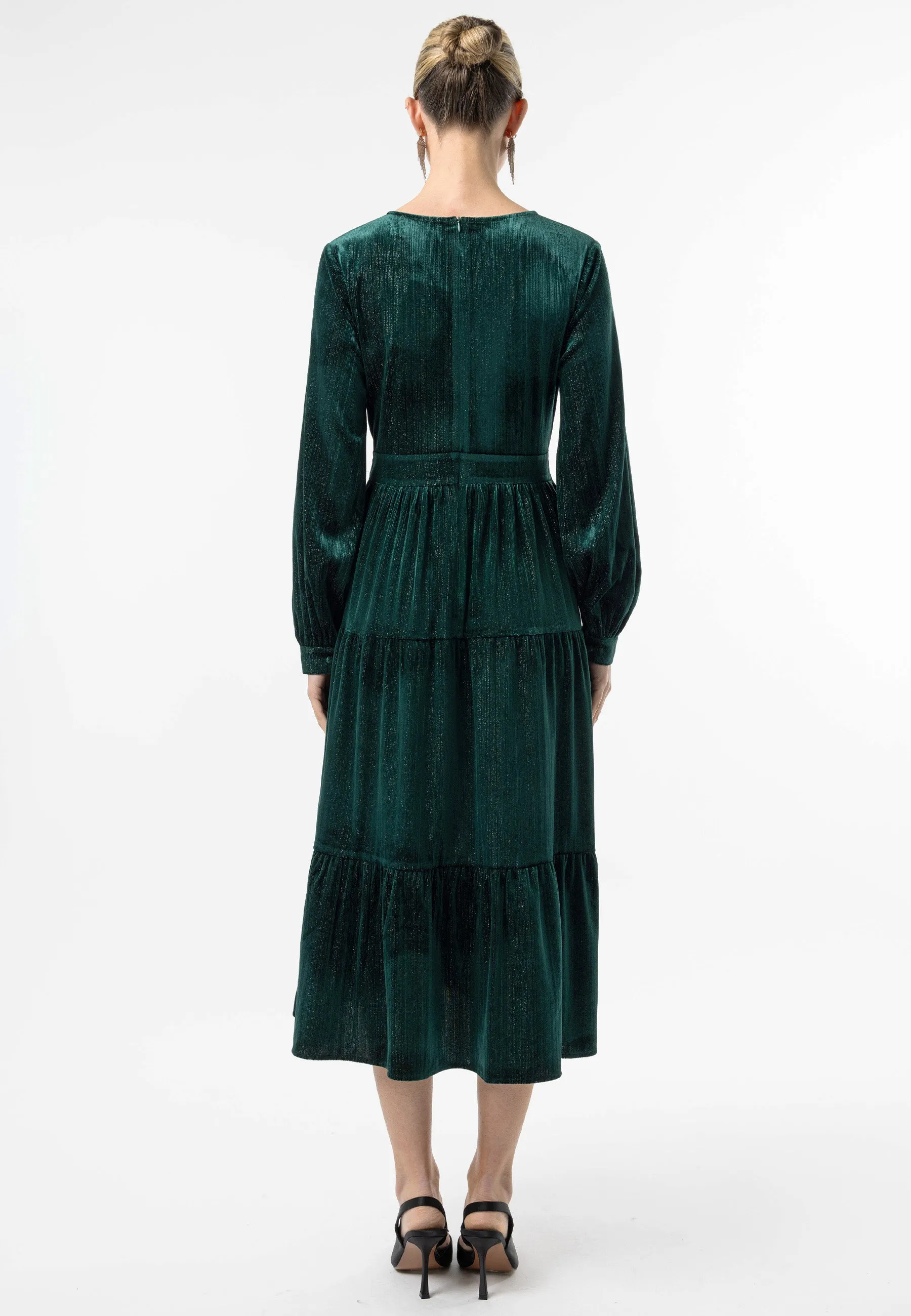 Velvet Gold Lurex Thread Midi Dress in Emerald Green