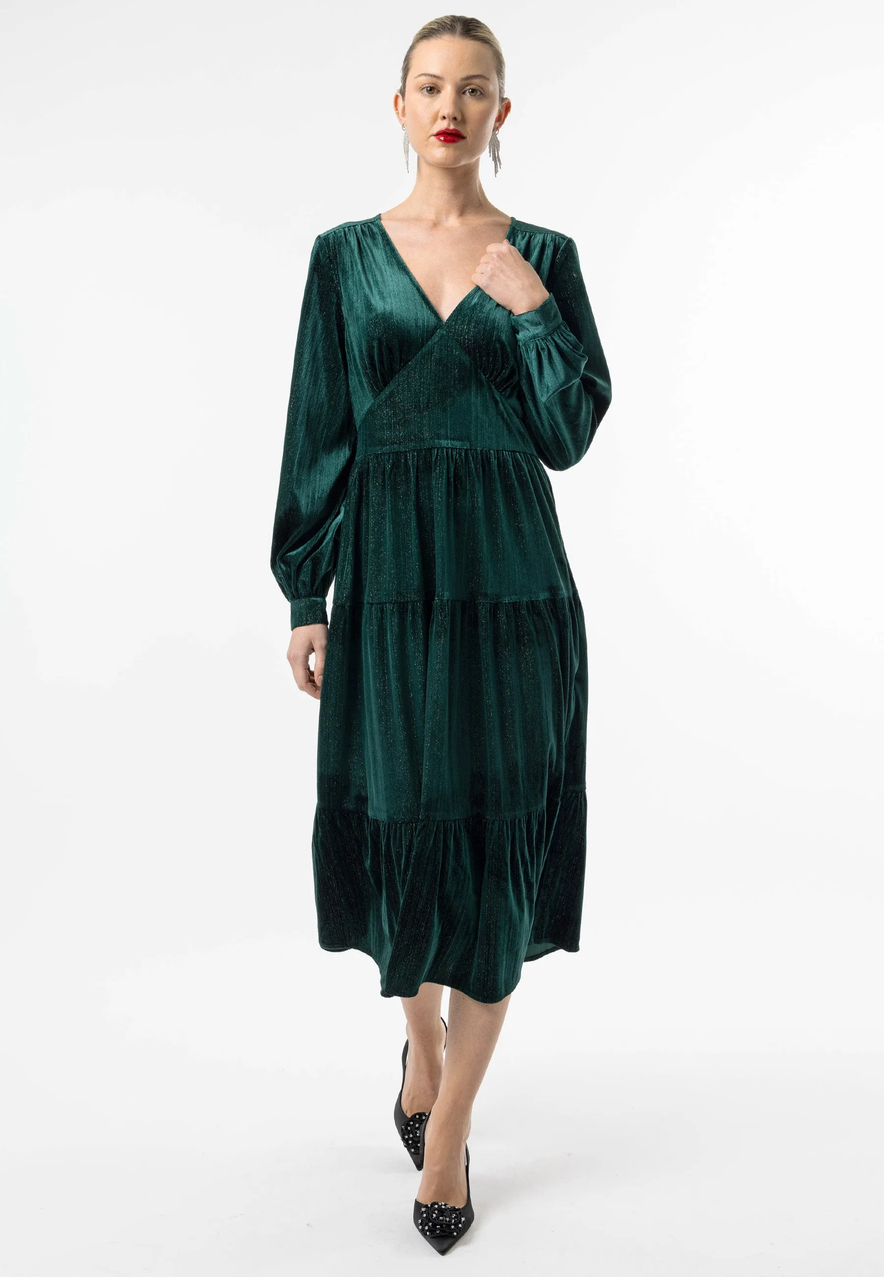 Velvet Gold Lurex Thread Midi Dress in Emerald Green