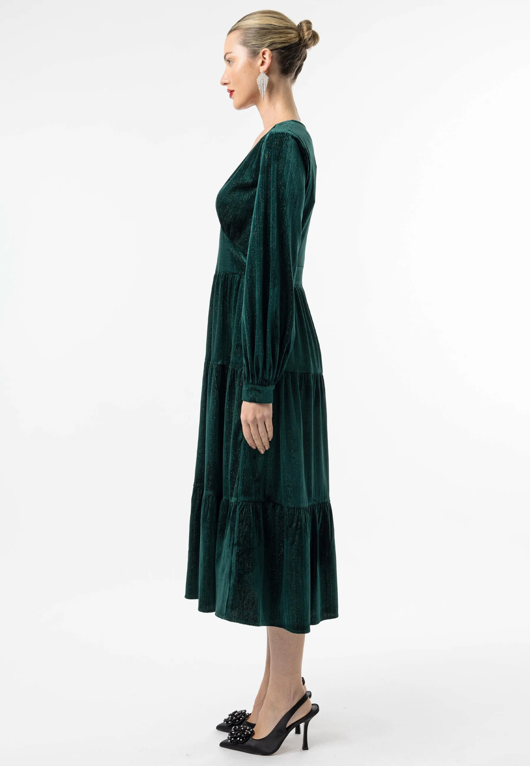 Velvet Gold Lurex Thread Midi Dress in Emerald Green