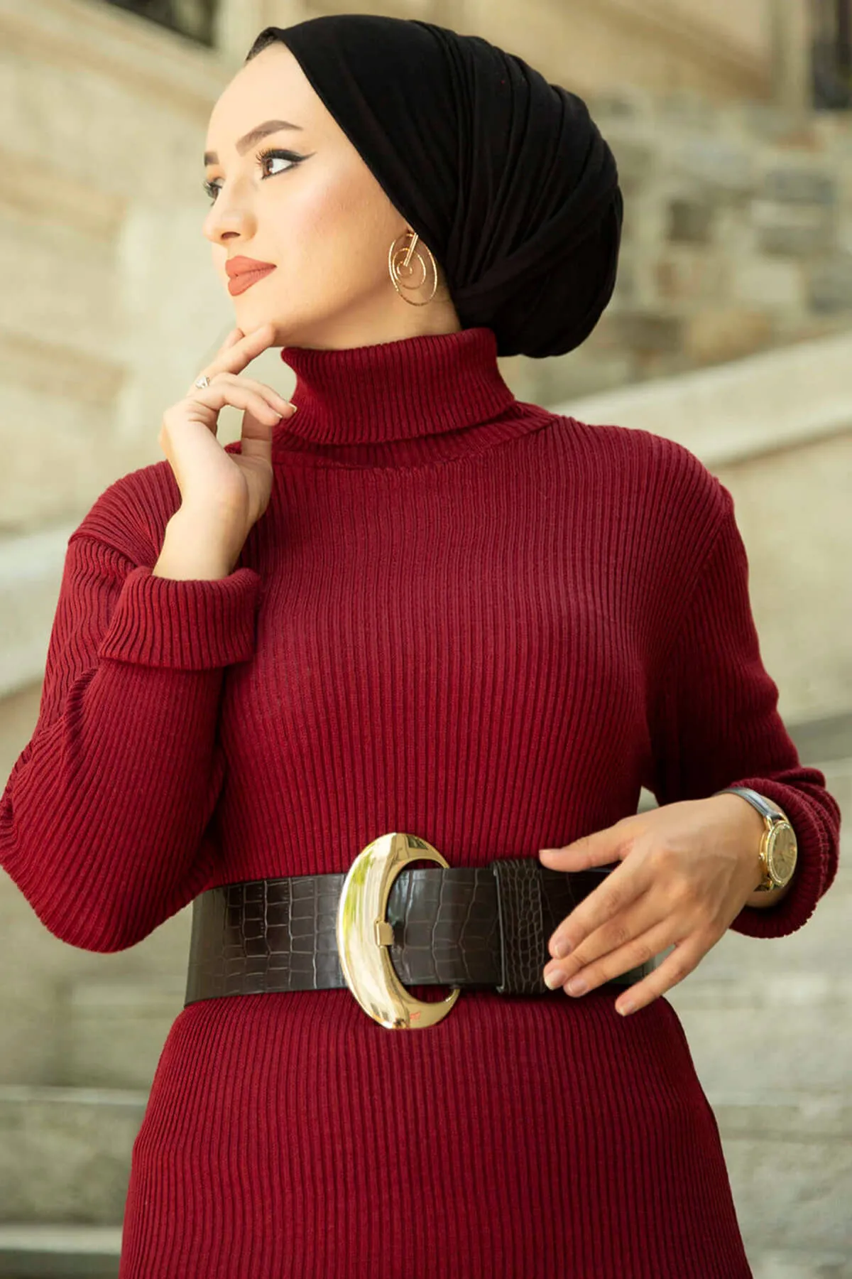 ZRF Women Polo Neck Knit Dress - Burgundy - Providence